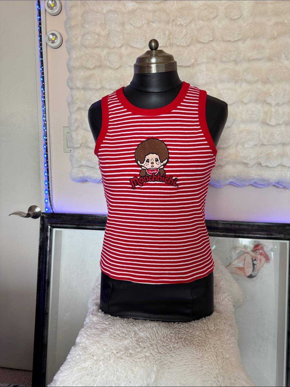 Red & White Striped Monchhichi Graphic Tank